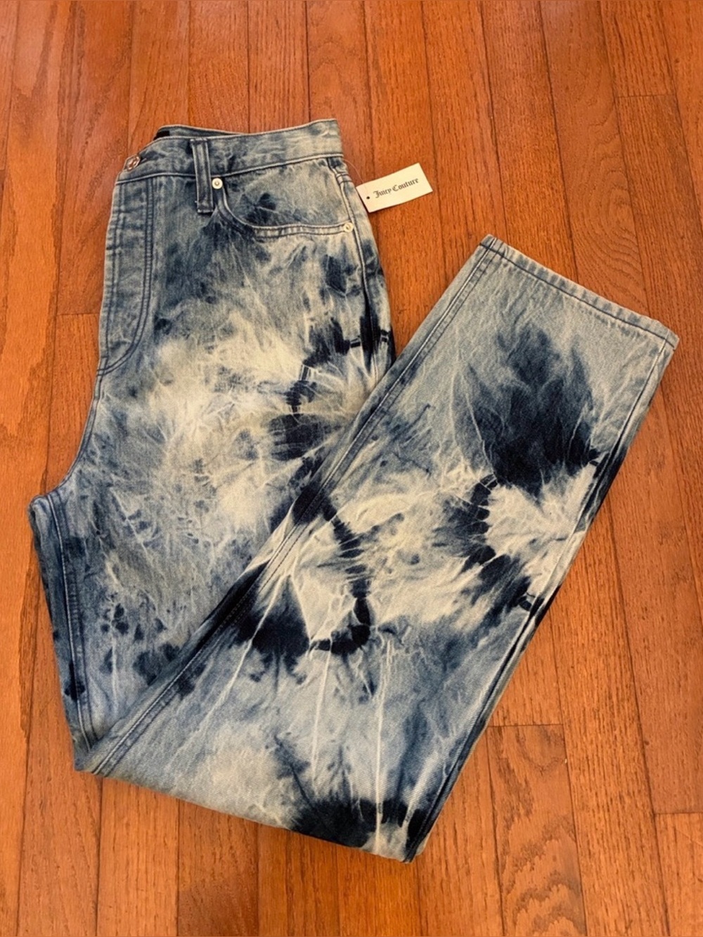 Juicy Couture High-Rise Button Fly Tie-Dye Blue & White Jeans NWT